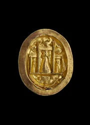 Goldener Fingerring mit Fassung, die das Heiligtum der Aphrodite in Paphos zeigt, Römische Zeit (Zypern) ca. 50 v. Chr. - 330 n. Chr. (Gold)